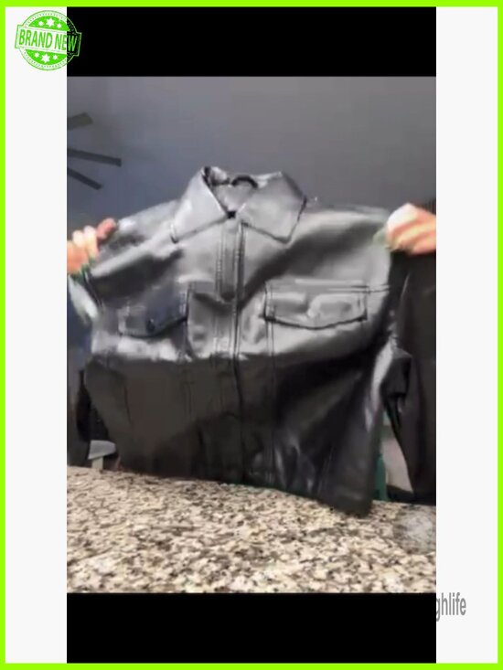 Faux Leather Cropped Moto Jacket, Long Sleeve Button Closure, Point Collar - Picture 7 of 7